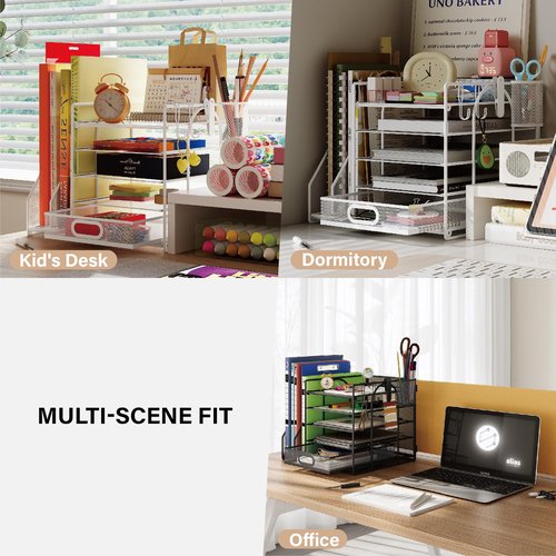 HUHOLE 5 Tier Desk Organizer with File Holder, White Mesh Paper Letter Tray Organizer with File Clip, USB Clip, Wire Desk Accessories & Workspace Organizers for Office Supplies or School Supplies