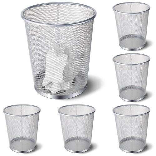 Zeyune 6 Pack Silver Office Trash Can Bulk Mesh Trash Can 4 Gallon Metal Wire Mesh Waste Paper Basket Round Small Garbage Bin for Office Bathroom Home Bedroom Kitchen Dorm