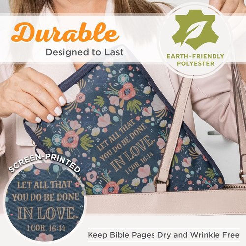Christian Art Gifts Bible Cover - All That You Do 1 Corinthians 16:14 | Navy Floral Canvas, Medium