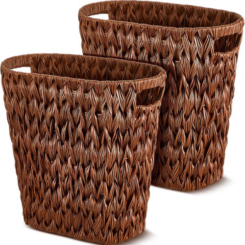 Hushee 2 Pack Wicker Waste Basket, Wicker Trash Can for Bathroom, Rattan Trash Can, Woven Bin for Office, Hyacinth Waste Basket for Home Kitchen(Plastic Water Hyacinth,Brown)
