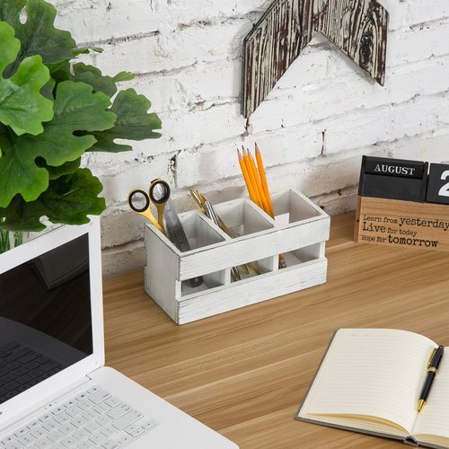 MyGift 3-Compartment Vintage White Solid Wood Desktop Office Supplies Caddy Pen Pencil Cup Holder Desk Organizer, Makeup Brush Art and Paint Brush Holder