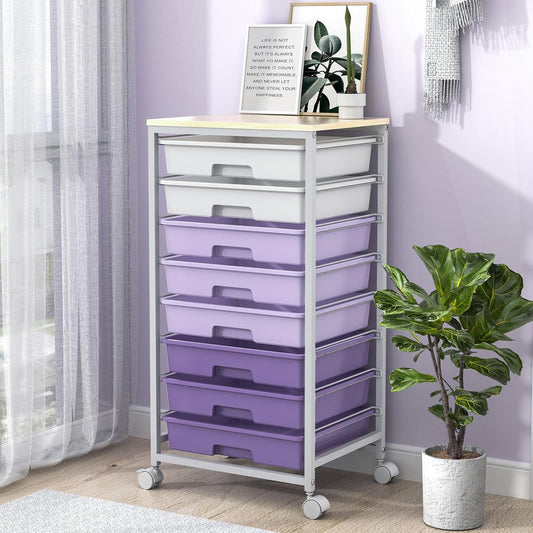 SYKIARIOL Rolling Utility Cart - 8 Drawer Storage with Wooden Tabletop for Home & Office | Purple