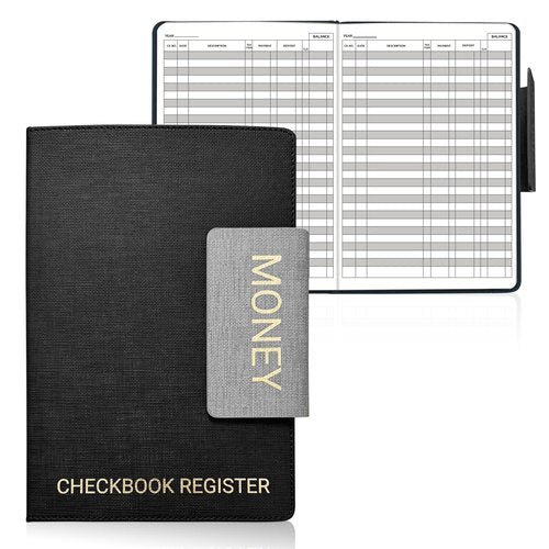 Luxury Magnetic Closure Checkbook Register – 10" x 7", PU Leather, Gold Foil Imprint, 3 Bookmark Ribbons, 64 Double-Sided Pages, Thick 120 GSM Paper, 3,584 Entries, Large Print, Lay-Flat Design