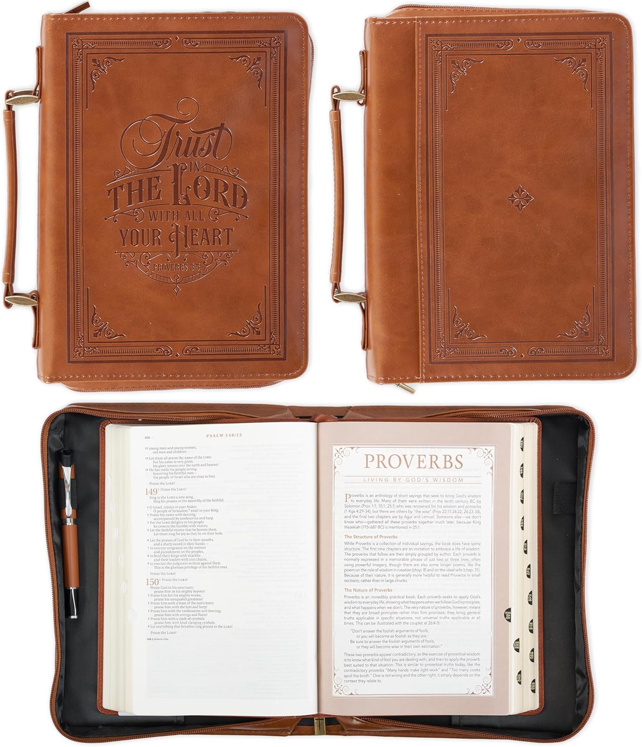 Christian Art Gifts Vegan Leather Bible Cover - Inspirational Trust in the Lord Verse, Medium Brown, Easy Carry Design