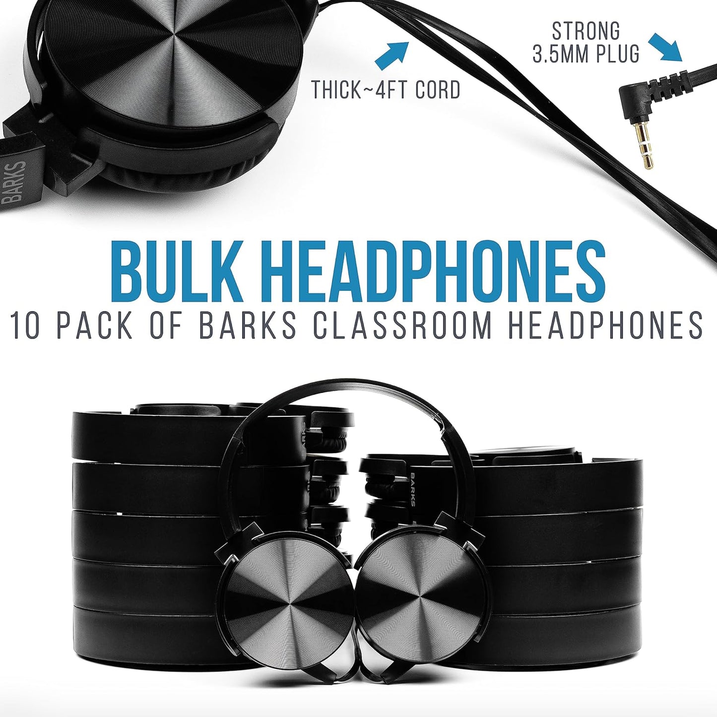 Barks Classroom Headphones - Premium On-Ear Student Headphones | 10 Pack, Stealth Color, Noise Reducing, Durable & Comfortable for K-12 Schools