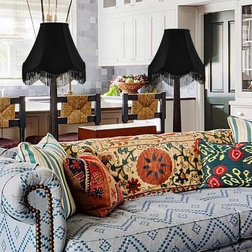 GO&SO Black Silk Bell Lamp Shades Petal Edge Braid with Black Fringe Trim, 6"x13"x10.6"(Spider), Classic Scalloped Lamps Shade Hand Crafted, Replacement Lamp Shades for Table,Floor Lamps,Easy Assembly
