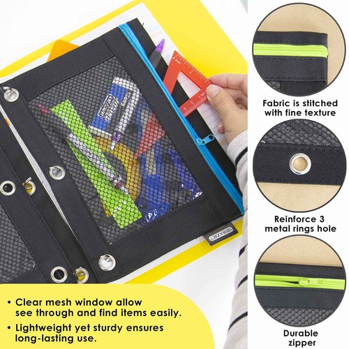 BAZIC Products Pencil Pouch 3 Ring Binder Pouch w/Rivet Enforced Rings Holes, Neon Black Color Mesh Window Zipper Pouches, 24-Pack