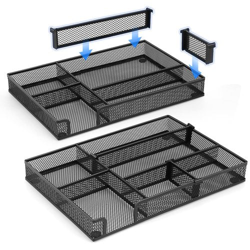 Desk Drawer Organizer Tray, with 2 Adjustable Compartments, Metal Mesh Drawer Organizer, Multifunction Desktop Drawer Organizer Organizer Set for Office, Home and School Supplies, 2PCS