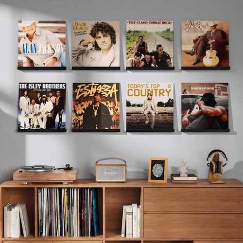 Emfogo Vinyl Record Shelf - 12-Inch Wall-Mounted Album Holder | 8-Pack Black Wood Display for Living Room