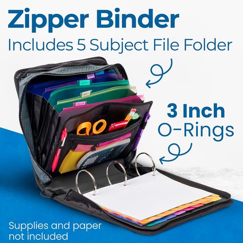 Case-it Mighty Zip Tab School Zipper Binder - 3-Inch O-Rings, 600-Sheet Capacity, 5-Subject Organizer | Jet Black
