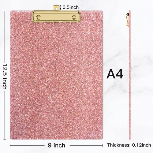 Piasoenc Acrylic Clipboards, Fashion Glitter Clip Board with Low Profile Gold Clip, Designed for Classroom School and Office Use, A4 Letter Size 9 x 12.5 in, Pink
