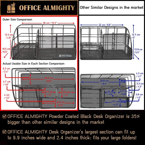 OFFICE ALMIGHTY Black Desk Organizer for Men: Exclusive Large 6 in 1 Mesh Shiny Metal Supplies Organizer with Pen Holders, Folder Holder & Accessories Drawer + BONUS 171 Clips Set w/a Plastic Box