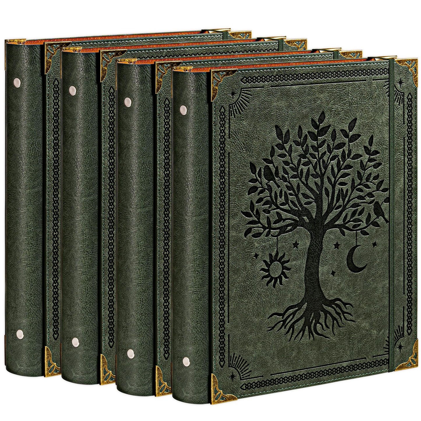 OVESMUSL 4 Pack Leather 3 Ring Binder Fits 8.5"x11" Letter Size Paper, 1.5 Inch Round Ring Binder Holds 350 Sheets, Notepad Paper Cover Loose Leaf Organizer, Green Tree