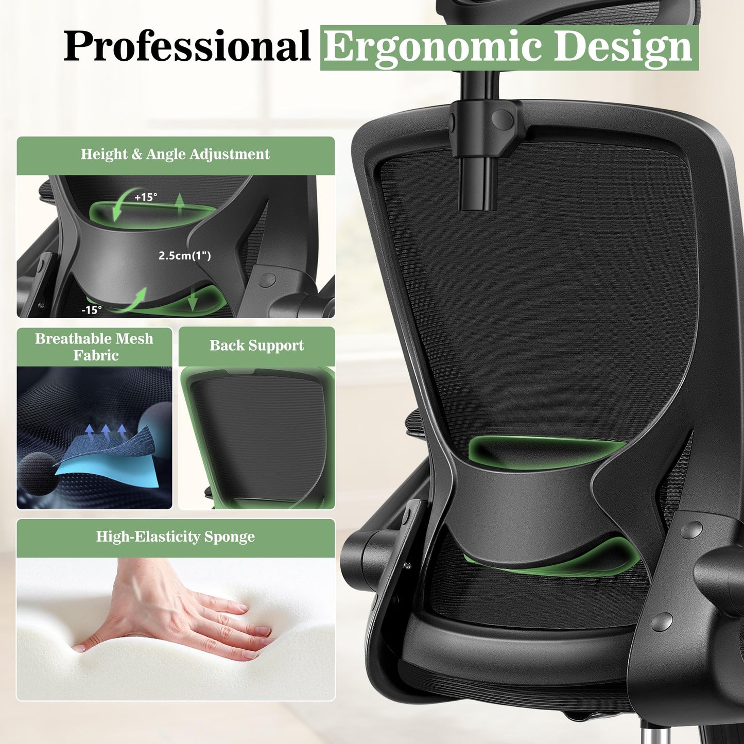 Ergonomic Office Desk Chair, Computer Desk Chair with Adjustable Lumbar Support, FILP-up Arms, Breathable Mesh Home Office Chairs Comfortable for Long Hours, Black