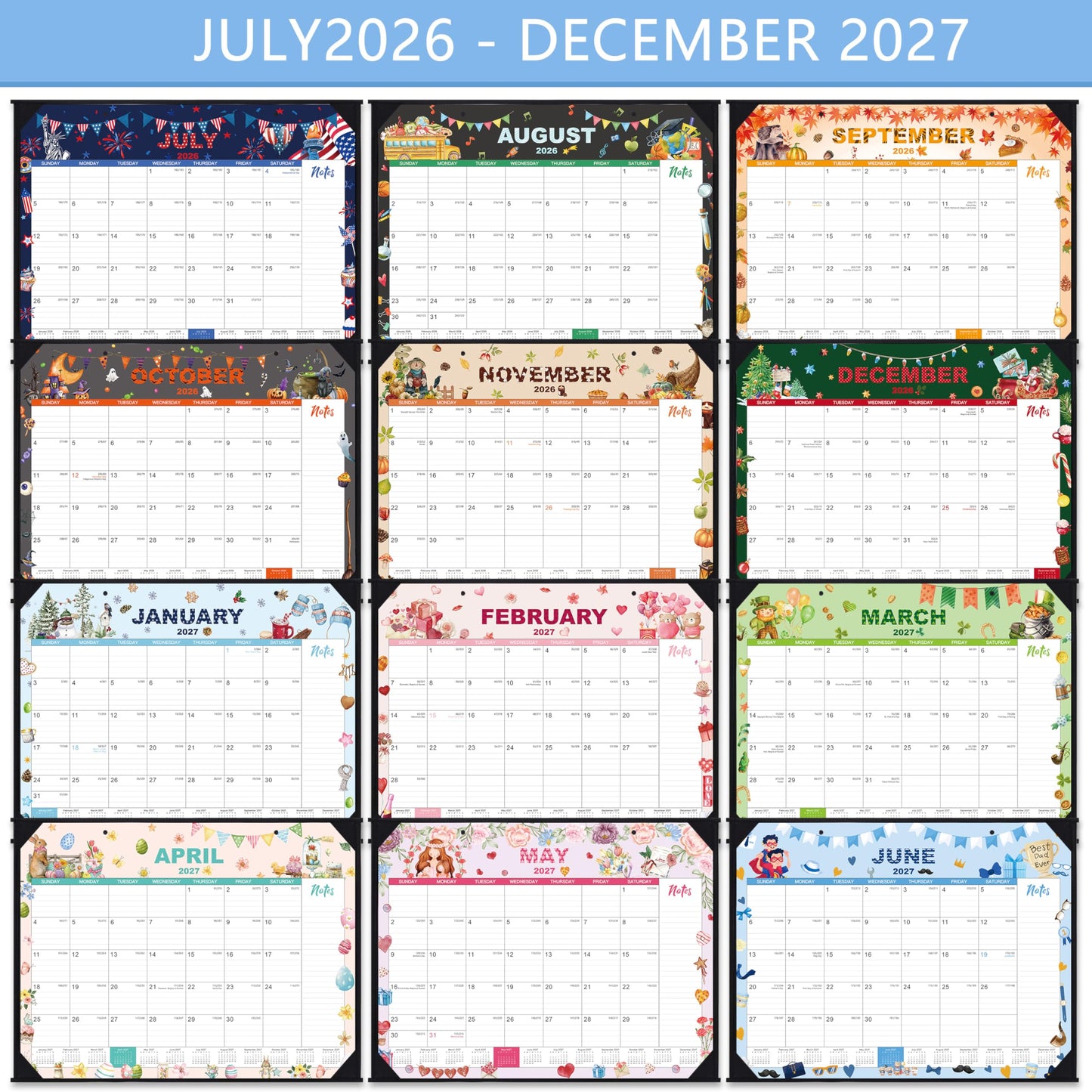 2026-2027 Desk Calendar - Large Desk Calendar 2026-2027, Jul.2026 - Jun.2027, 22" x 17", 12 Months Desktop Calendar with Corner Protectors, Desk Pad, Large Ruled Blocks - 12 Different Themes