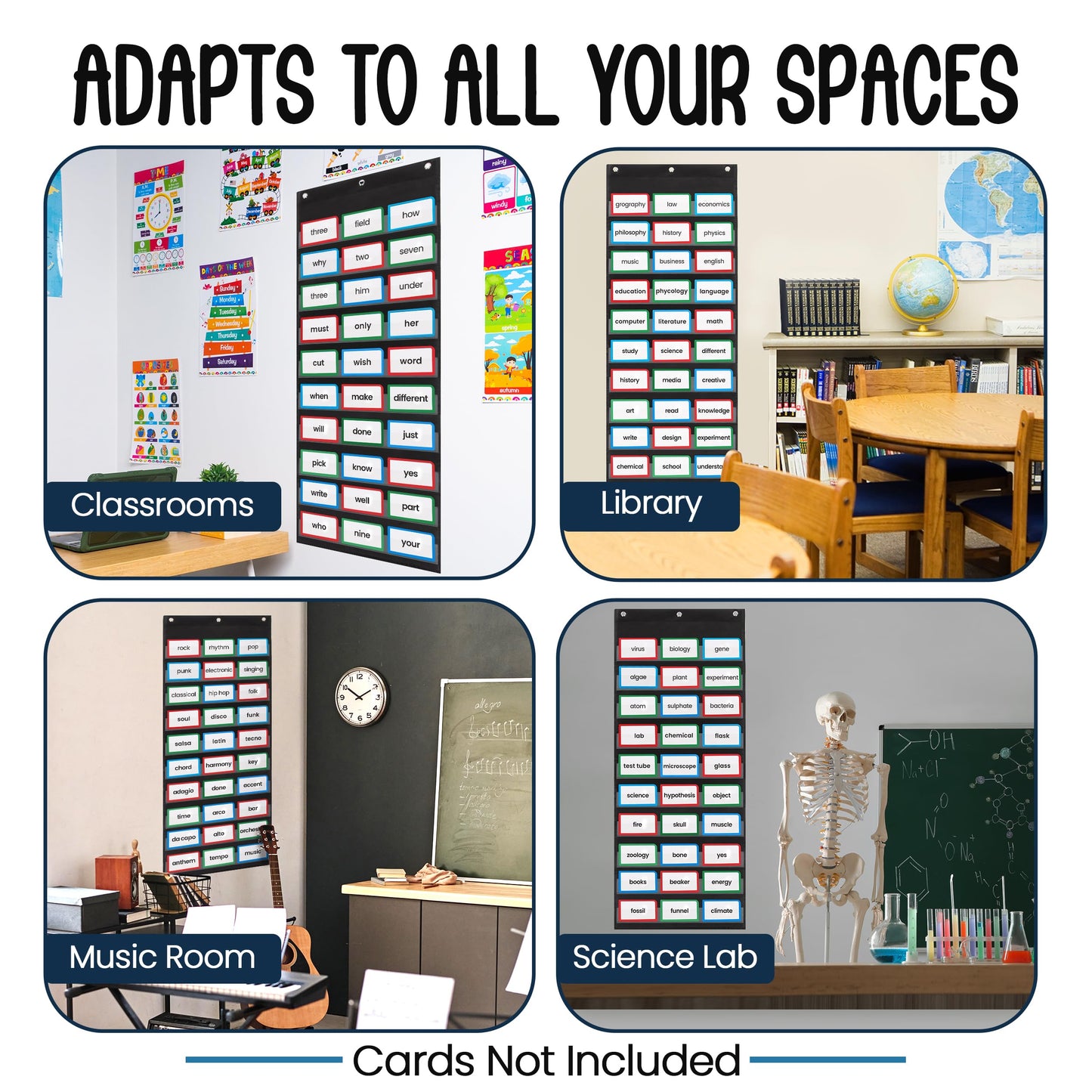 Essex Wares - 17" Wide x 44" Tall Pocket Chart, Black - Sturdy Pocket Chart for Classroom for Sentence Strips - Easy to Use & Hang, Reusable Black Pocket Chart