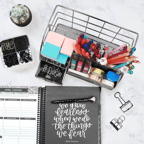 OFFICE ALMIGHTY Black Desk Organizer for Men: Exclusive Large 6 in 1 Mesh Shiny Metal Supplies Organizer with Pen Holders, Folder Holder & Accessories Drawer + BONUS 171 Clips Set w/a Plastic Box