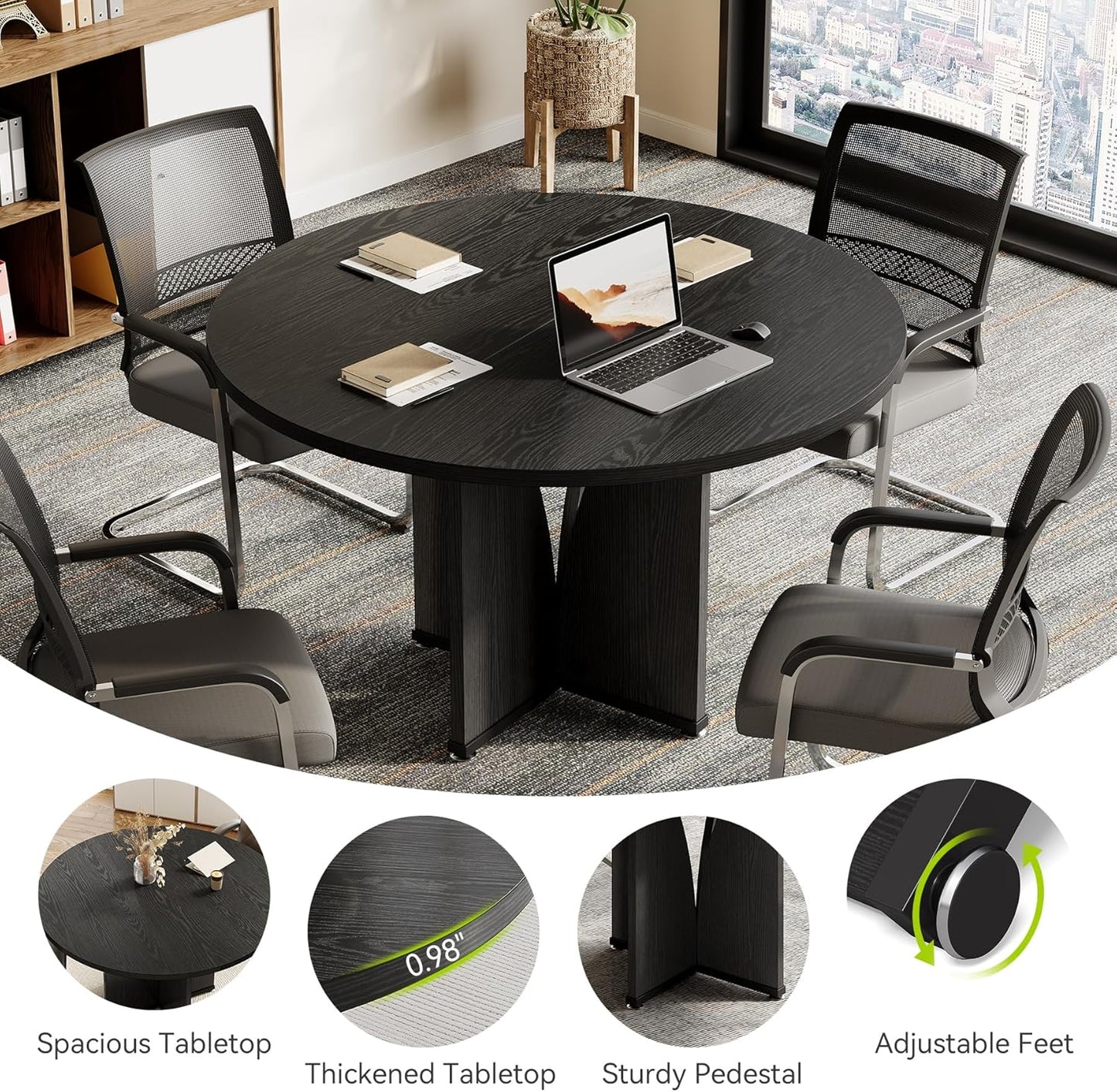 LITTLE TREE 39-Inch Small Conference Table for 4, Round Meeting Table with X-Shape Pedestal, for Office, Conference Room, Small Spaces, Black