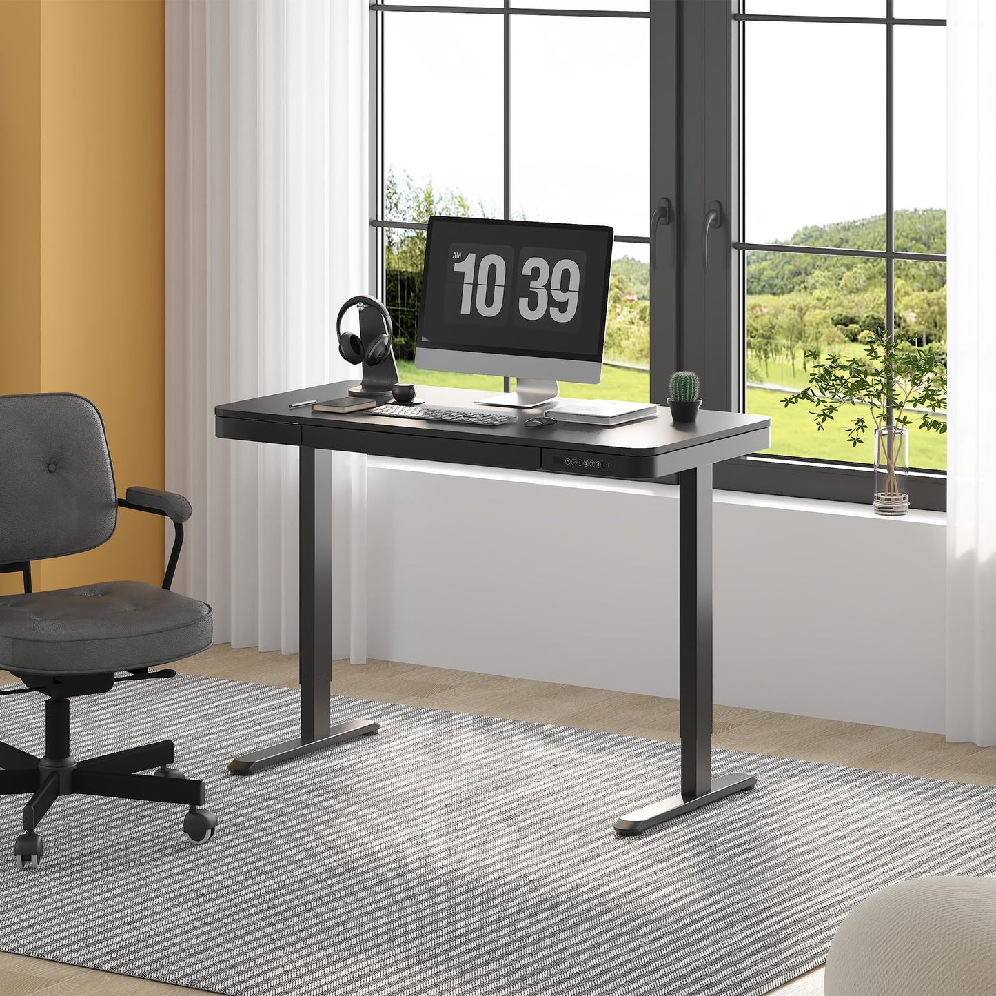 FLEXISPOT Comhar Electric Standing Desk with Drawer Desktop & Adjustable Frame Quick Install w/USB Charge Ports (Black, Wood)