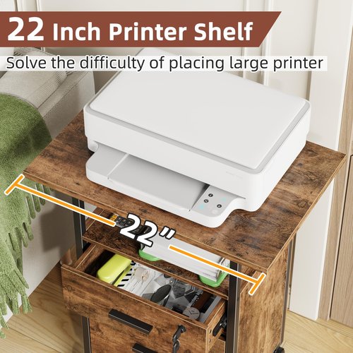 GYIIYUO 2 Wood Drawer File Cabinet with 22'' Extended Desktop and Lock, Mobile Filing Cabinet with Side Bag, Rolling Printer Stand, Fits A4&Letter Size, Home Office, Rustic Brown