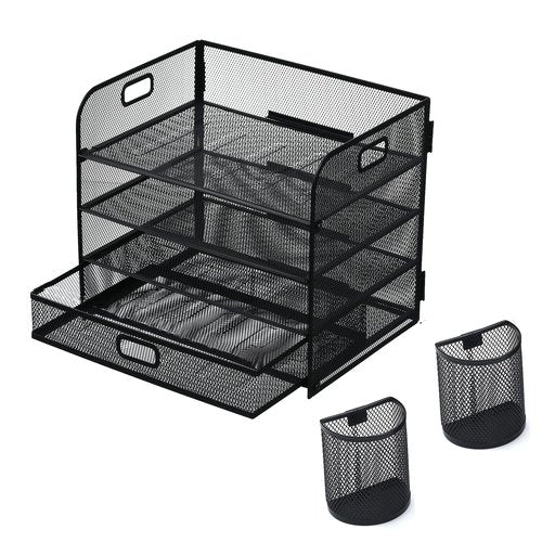 YFEEN 4 Tier Paper Organizer File Sorter Organizer with Drawer and Pen Holders,Mesh Office Desk Organizer for Letter,Document,File Organizer for Office,Home or School-Black