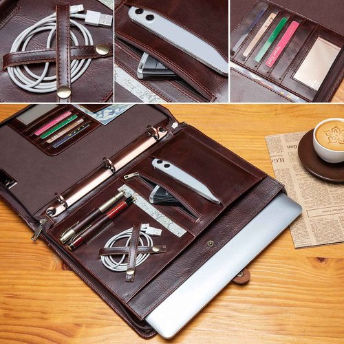 YIWEN Handmade Genuine Leather Portfolio, Zippered Padfolio with 3 Ring Binder, Professional Business Organizer, Resume Folder, Notebook Organizer with Tablet (Non-Custom, Oil Wax)