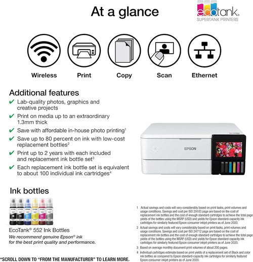 Epson EcoTank Photo ET-8500 Wireless All-in-One Printer - Color Touchscreen, Scanner & Copier - White