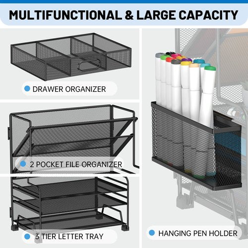 5 Tier Desk Organizer with Drawer & Pen Holders, Desk File Organizer Letter Tray Paper Organizer, Black