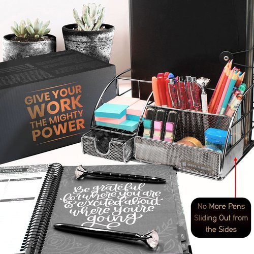 OFFICE ALMIGHTY Black Desk Organizer for Men: Exclusive Large 6 in 1 Mesh Shiny Metal Supplies Organizer with Pen Holders, Folder Holder & Accessories Drawer + BONUS 171 Clips Set w/a Plastic Box