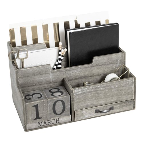 BLU MONACO Dark Wooden Mail Organizer Desktop with Block Calendar – Mail Sorter & Countertop Organizer for Women’s Office