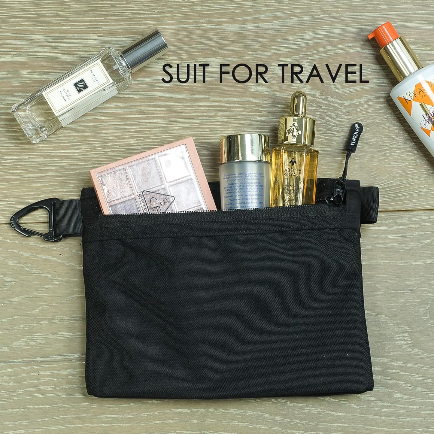 YUMQUA Water-Resistant Zipper Pouch - Small Nylon Travel Bag with Carabiner Clip | Black