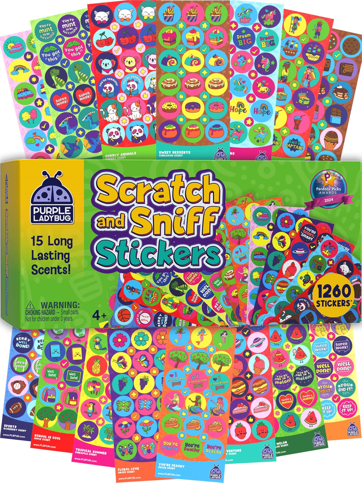 Purple Ladybug 1260 Variety Scratch and Sniff Stickers - Classroom Decor with 15 Unique Scents - Fun and Motivational Rewards for Kids and Teachers Must Haves, Smelly Sticker Back to School Gift