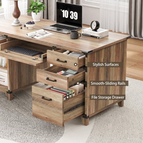 59" Farmhouse Executive Desk with Keyboard Tray,Wooden Computer Desk with Scratch-Resistant Wear-Resistant for Office, 5 Drawers,Home Office Workstation with wFile Cabinet Storage