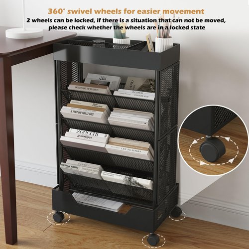 COVAODQ Book Cart with Wheels Mobile Bookshelf Rolling Bookshelf Organizer Bookcase Book Storage Rack, Book Movable Rolling Carts with Wheels for Home School Office 5-Tier, Black