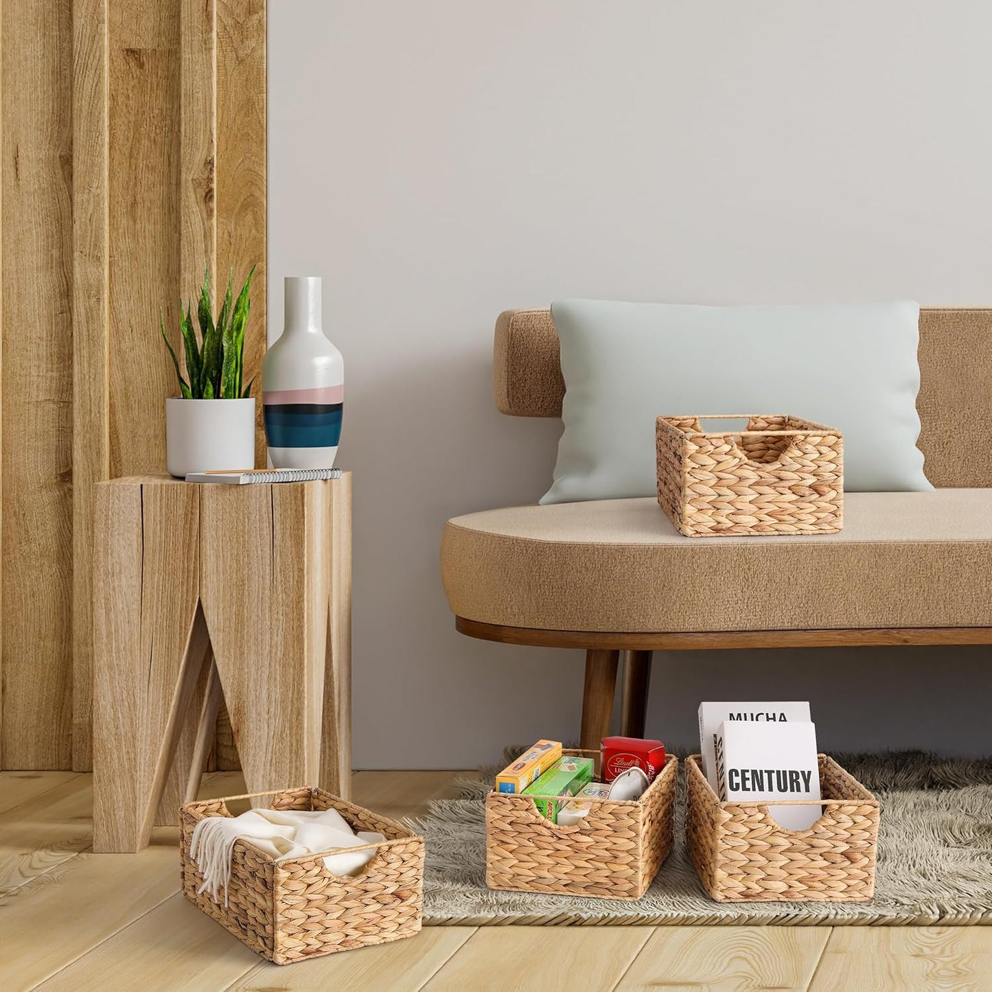 Water Hyacinth Pantry Baskets - Set of 4 Wicker Storage Baskets for Organized Shelves | 12.5 x 9.5 x 6 in