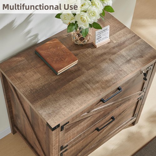 JXQTLINGMU 2 Drawer Farmhouse File Cabinet, Lateral Filing Cabinet with Lock for Home Office, Compatible Legal Letter A4 F4 Size, Warm Brown