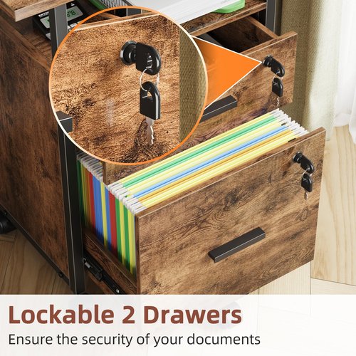 GYIIYUO 2 Wood Drawer File Cabinet with 22'' Extended Desktop and Lock, Mobile Filing Cabinet with Side Bag, Rolling Printer Stand, Fits A4&Letter Size, Home Office, Rustic Brown