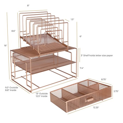 BLU MONACO Workspace Rose Gold Desk Organizer and Accessories Desktop Rack with File sorters and Drawer for Office Supplies, Paper, Device and Folder