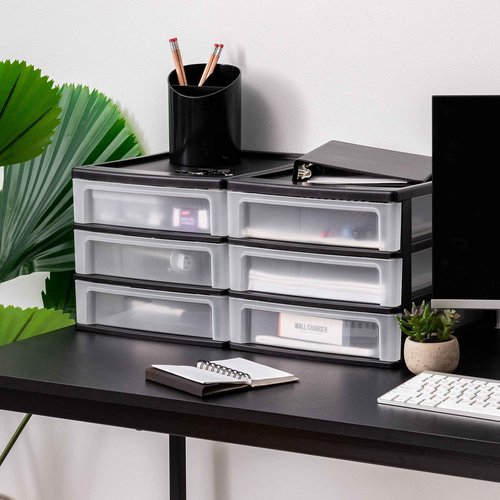 IRIS USA Plastic Stacking Desk Top 3-Drawer Storage Organizer, 2-Pack, for Makeup Vanity Nail Polish Bathroom Stationery Art Craft Supplies Kitchen Office Garage and Small Organization, Medium, Black