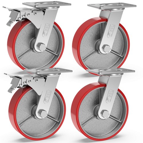 GBL 6'' Metal Casters Wheels with 2 Breaks + Screws - up to 2820 lbs - Set of 4 Heavy Duty Steel Castor Wheels - Industrial Dolly Wheels for Tool Box, Workbench & Garage