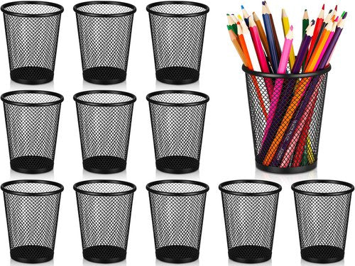 Leelosp 24 Pcs Pen Holder Mesh Pen Cup Bulk Metal Pencil Cup Holder for Desk Black Organizer Round Office Classroom for Back to School Students Kids Adult