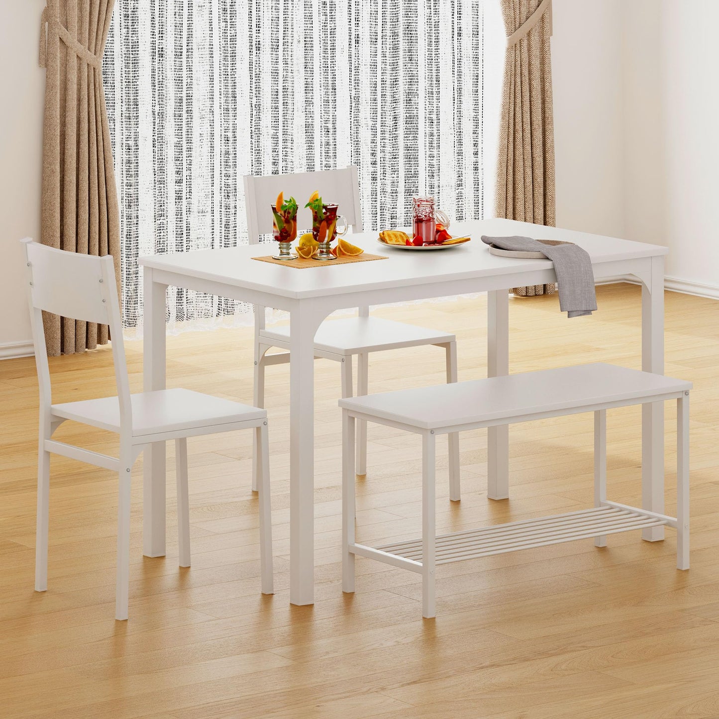SogesHome Dining Table Set with 2 Chairs and 1 Bench, Bar Set Kitchen Table and Chairs for Dining Room Resturant Bistro Set, Pure White