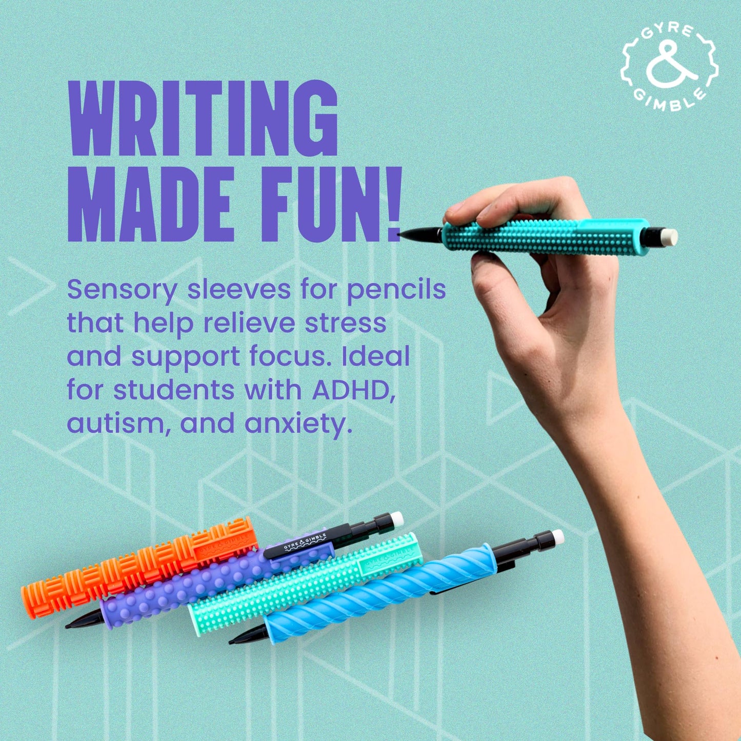 Gyre & Gimble Pencil Gidgets – Textured Silicone Pencil Sleeve for Quiet Fidgeting – Transform Your Mechanical Pencil into a Sensory ADHD Tool for Kids and Adults – 4 Sleeves & 2 Pencils