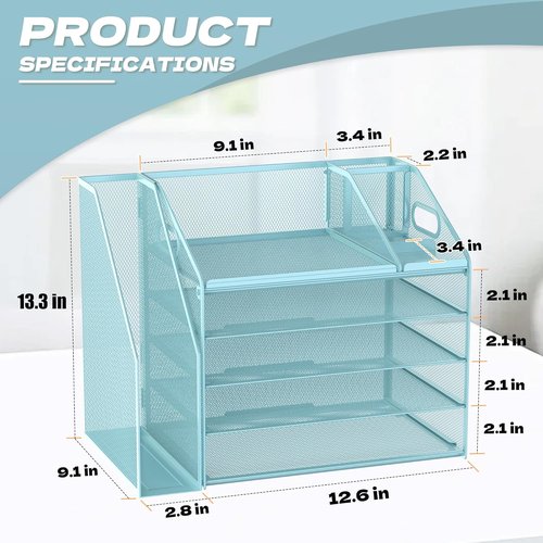 DocNest 5 Tier Mesh Paper Letter Tray Organizer - Stylish Blue Desk File with Handle & Pen Holder