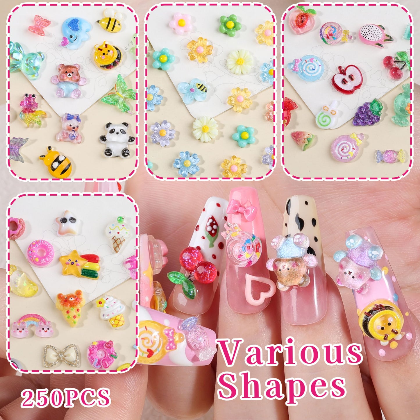 250Pcs 3D Kawaii Nail Charms Kit, Mixed Cartoon Candy Animal Fruit Resin Charms Flatback Gummy Bear Slime Charms Cute Star Heart Butterfly Daisy Flower Nail Supplies for Nails Phone Cases DIY Crafts