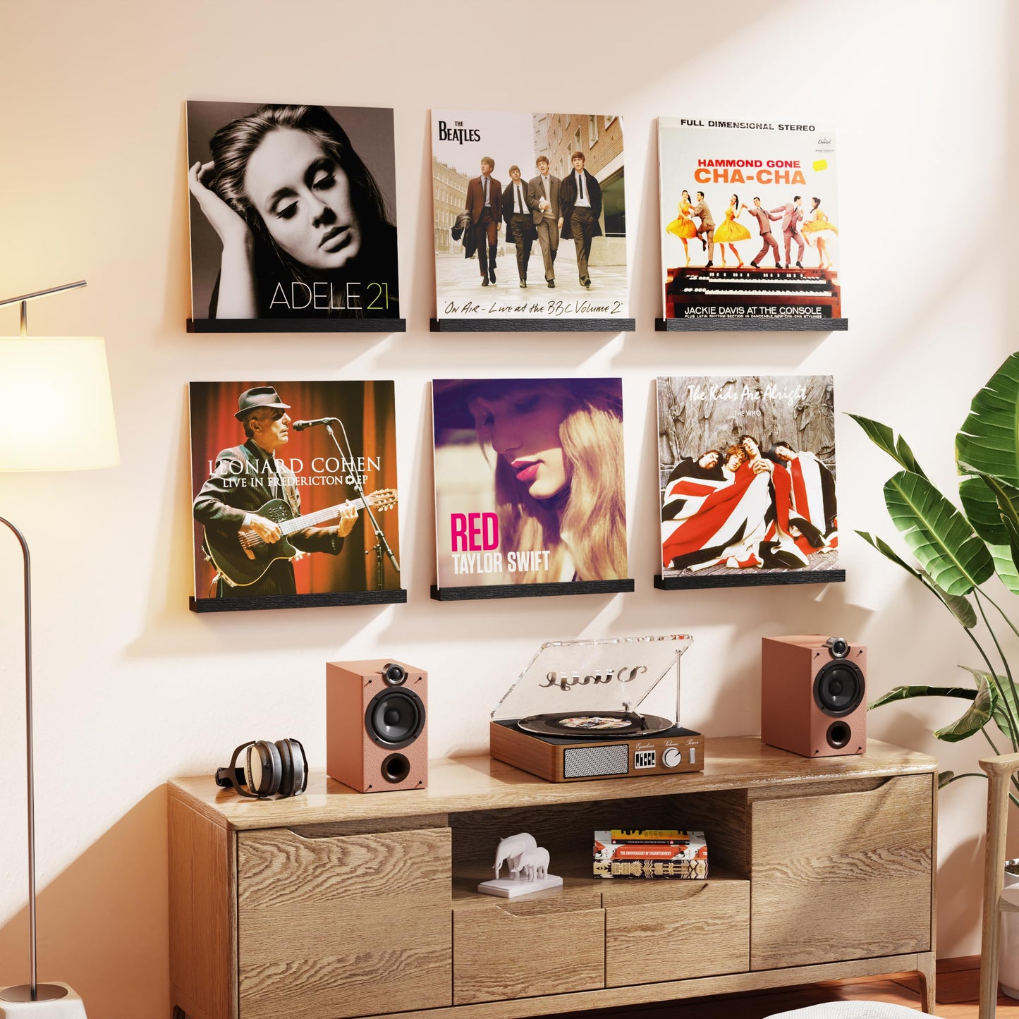Emfogo Vinyl Record Shelf Wall Mount, 6 Pack Album Record Holder Wall, 12 inch Vinyl Record Storage Shelves Wall, Wood Record Display for Living Room(Black)