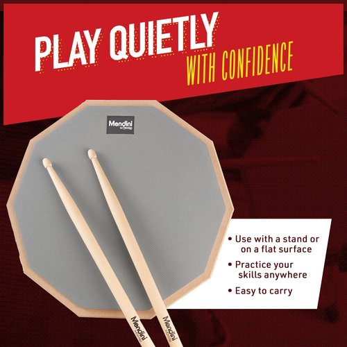 Mendini by Cecilio Drum Practice Pad - 12 In Snare Drum Stand Set With Double Sided Silent Drums Pad, Drum Sticks, Adjustable Stand (Grey)