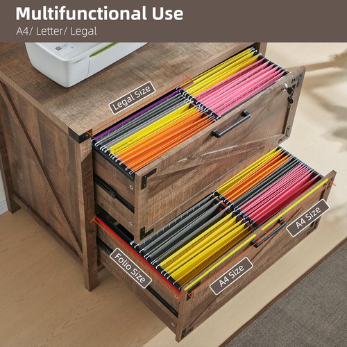 JXQTLINGMU 2 Drawer Farmhouse File Cabinet, Lateral Filing Cabinet with Lock for Home Office, Compatible Legal Letter A4 F4 Size, Warm Brown