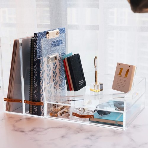 EXPUTRAN Acrylic Desk Organizer Drawer + Inbox with Letter Tray 12.6” x 10.6” x 5”, A4 Size, Clear