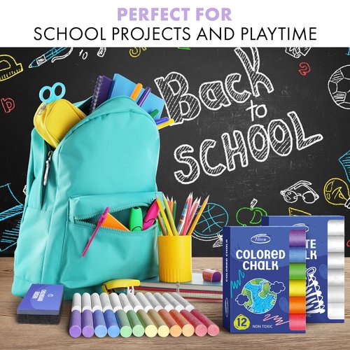 Alitte Dustless Chalkboard Chalk - Set of 12 Colored & 12 White Chalk Sticks - Sketching, Drawing, Writing Supplies for Classroom, Home Schooling, Cafe Menu, Sidewalk Art